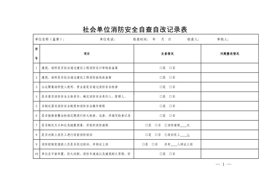 社会单位消防安全自查自改记录表参考模板范本.doc_第1页