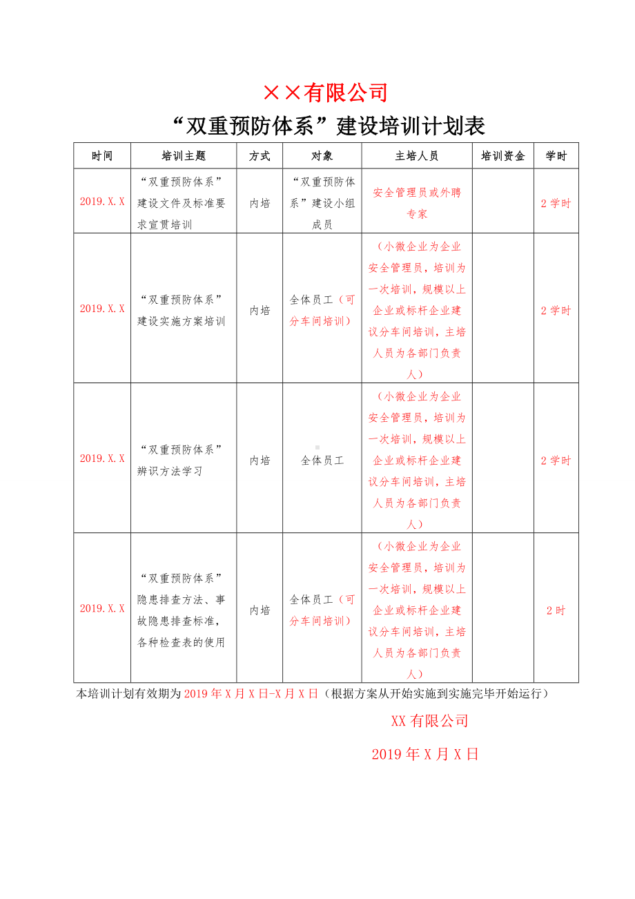 双重预防体系 建设培训计划表参考模板范本.doc_第1页