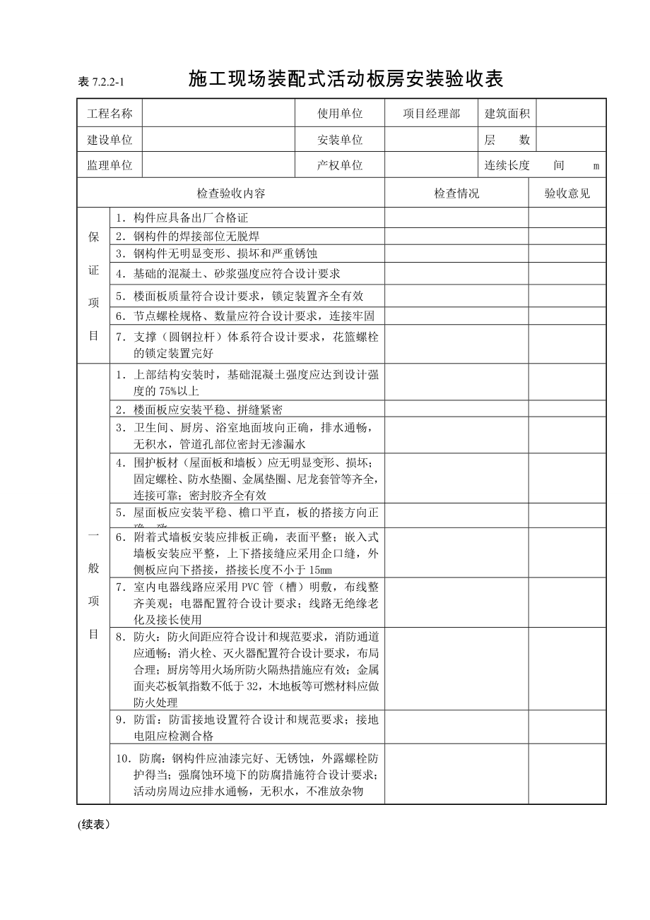 施工现场装配式活动板房安装验收表参考模板范本.doc_第1页