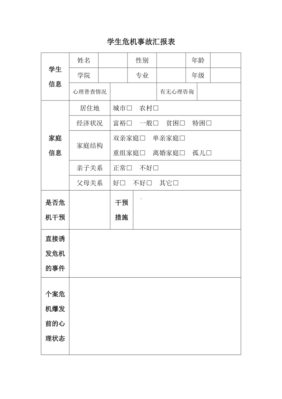 学生危机事故汇报表参考模板范本.doc_第1页