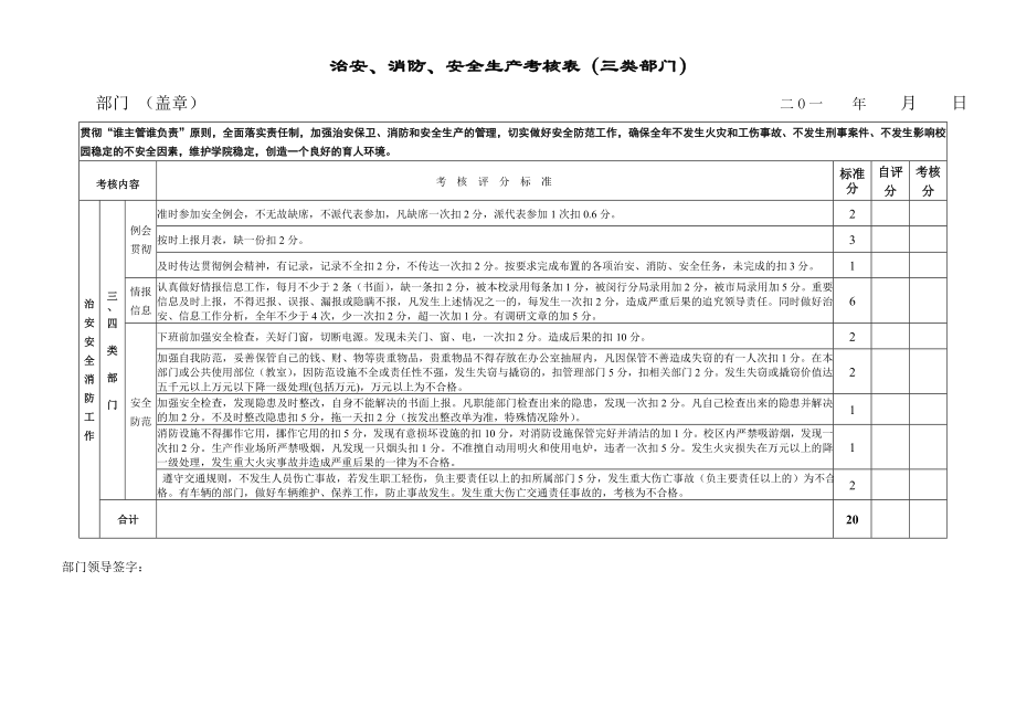 治安、消防、安全生产考核表（三类部门）参考模板范本.doc_第1页