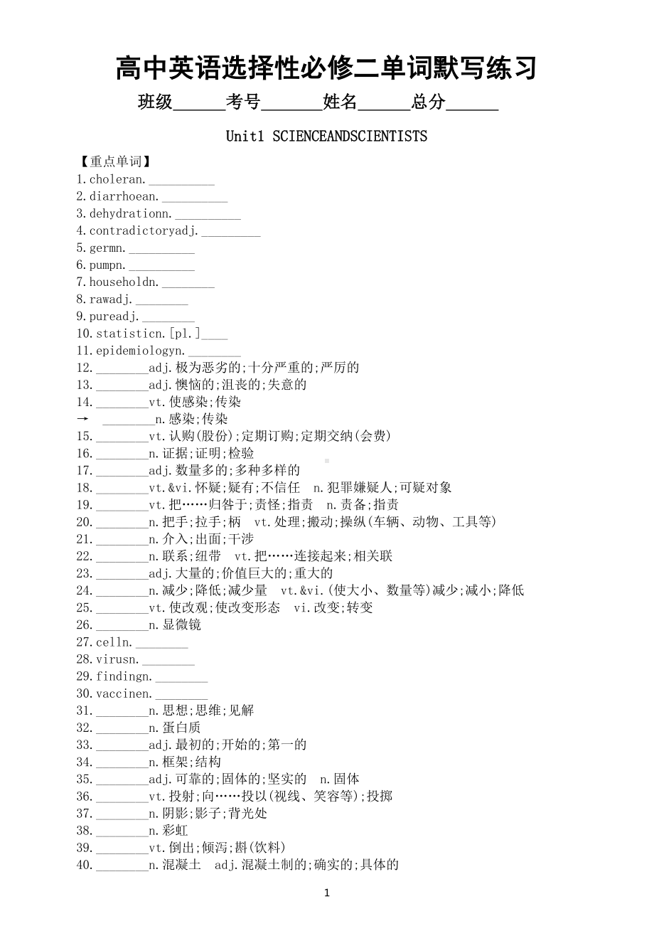 高中英语新人教版选择性必修二单词默写练习（Units 1-5）（附参考答案）.docx_第1页