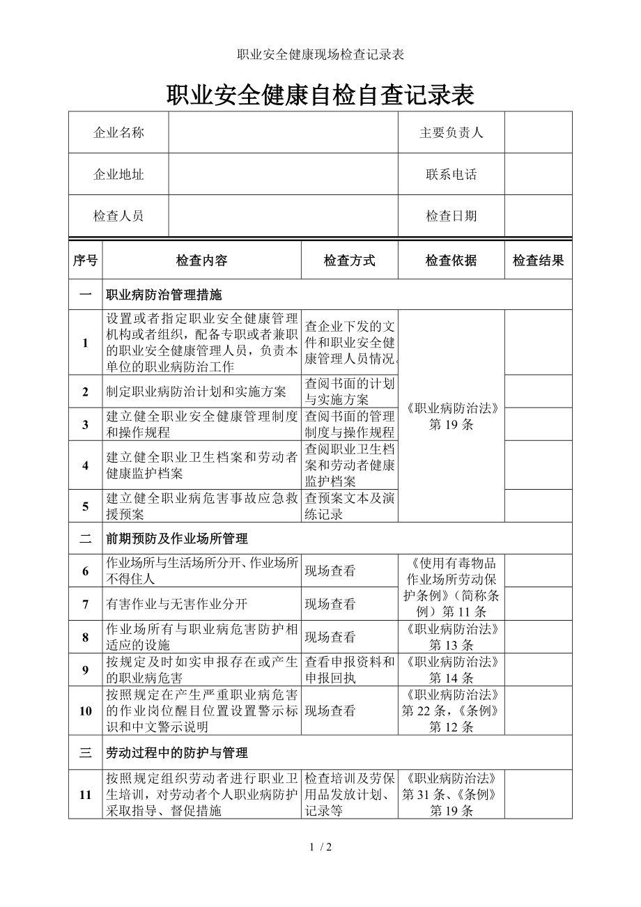 职业安全健康现场检查记录表参考模板范本.doc_第1页