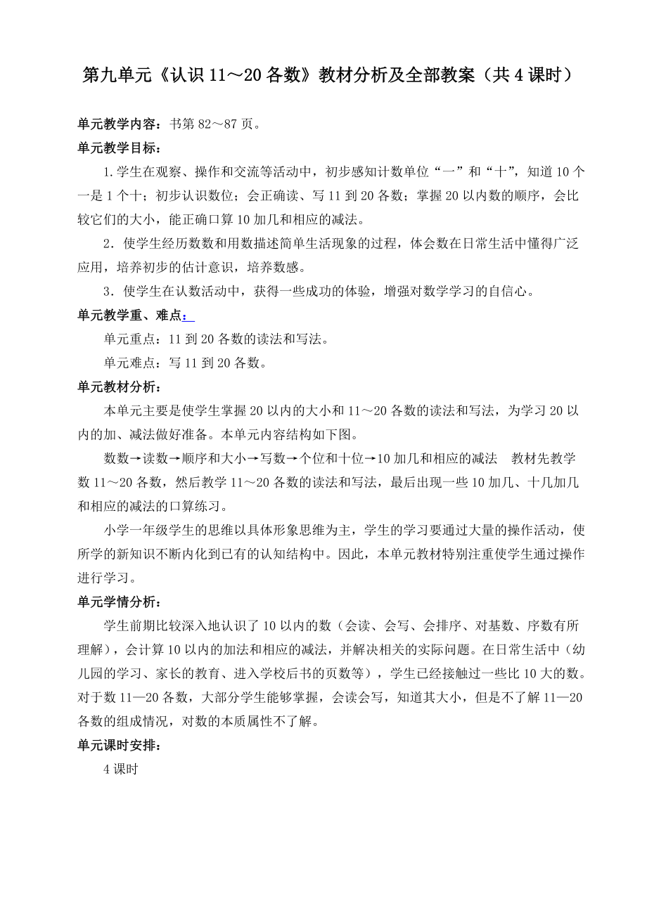 苏教版一年级数学上册第九单元《认识11～20各数》教材分析及全部教案（共4课时）.doc_第1页