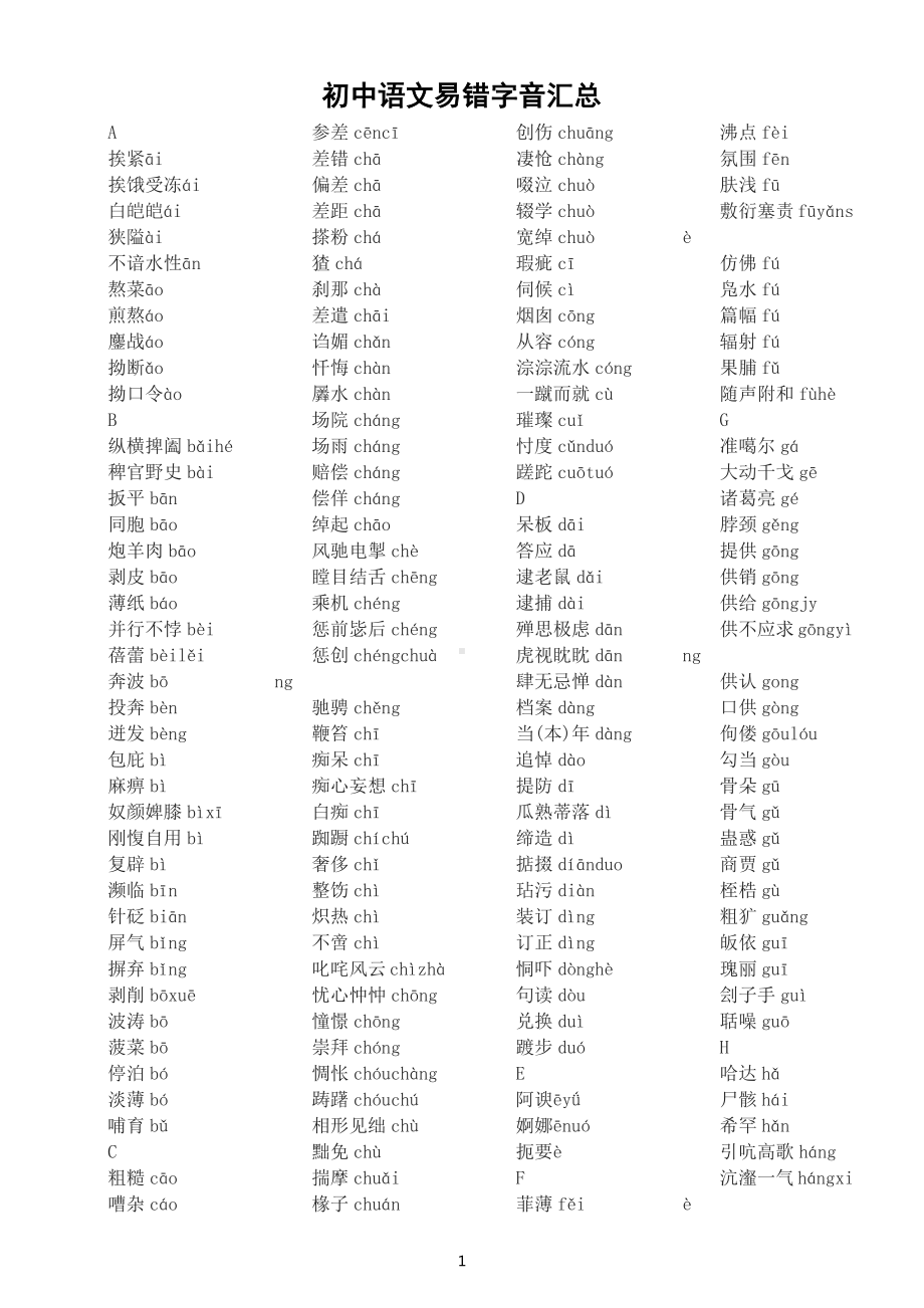 初中语文中考常考易错字音汇总（按字母顺序编排）.docx_第1页