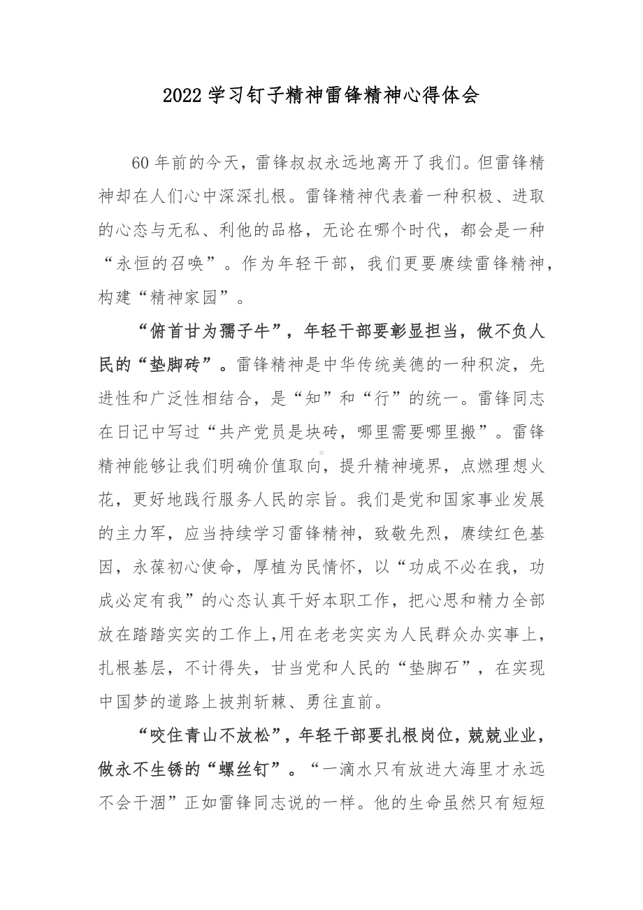 2022学习钉子精神雷锋精神心得体会.docx_第1页