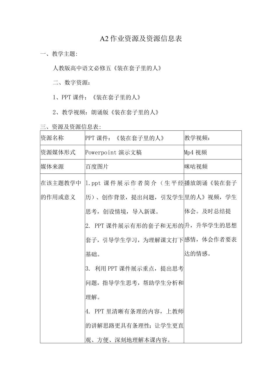 A2作业资源及资源信息表（高中必修五语文）.docx_第1页