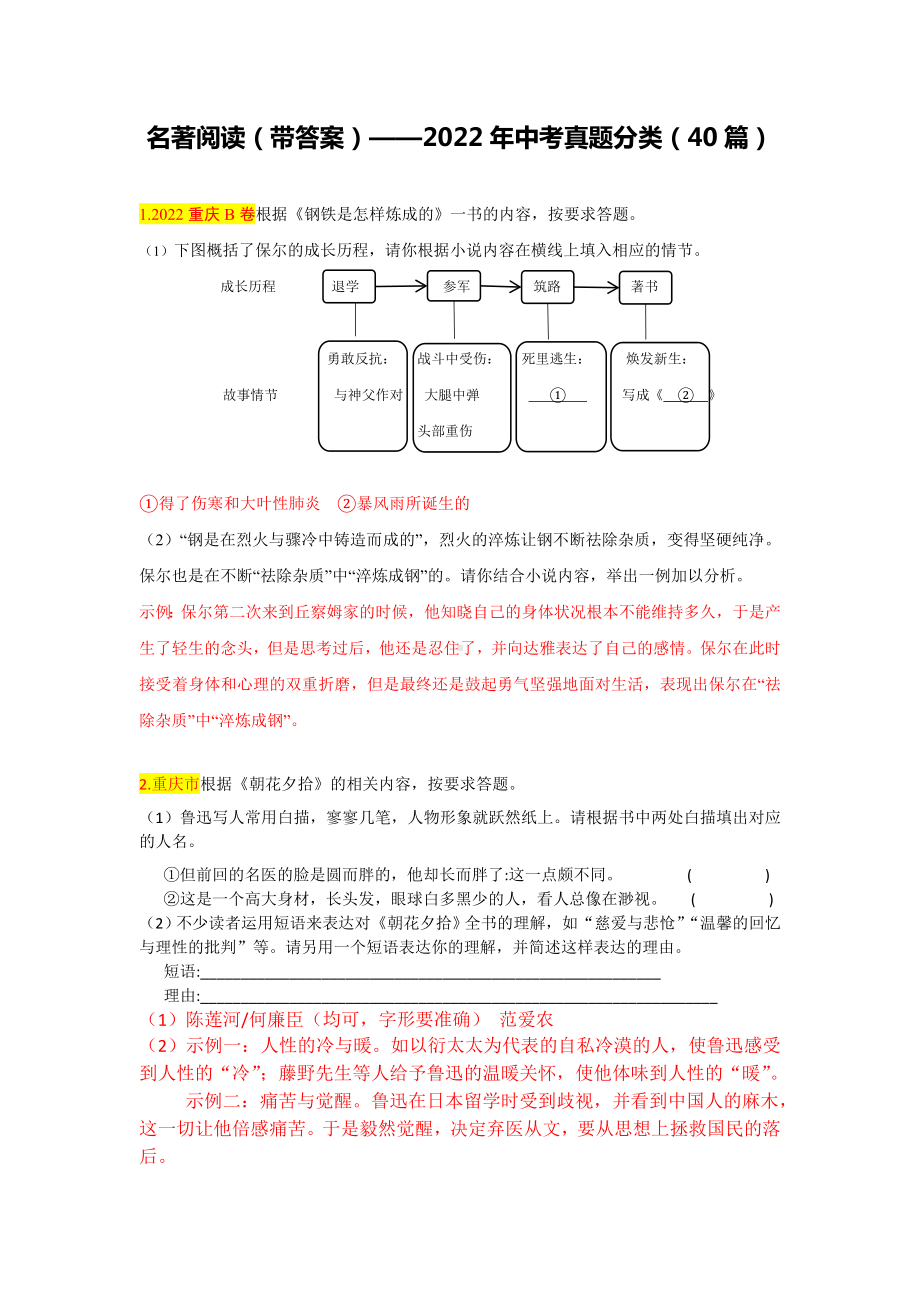 2022年中考真题分类汇编-名著阅读（40篇）（含答案）.docx_第1页