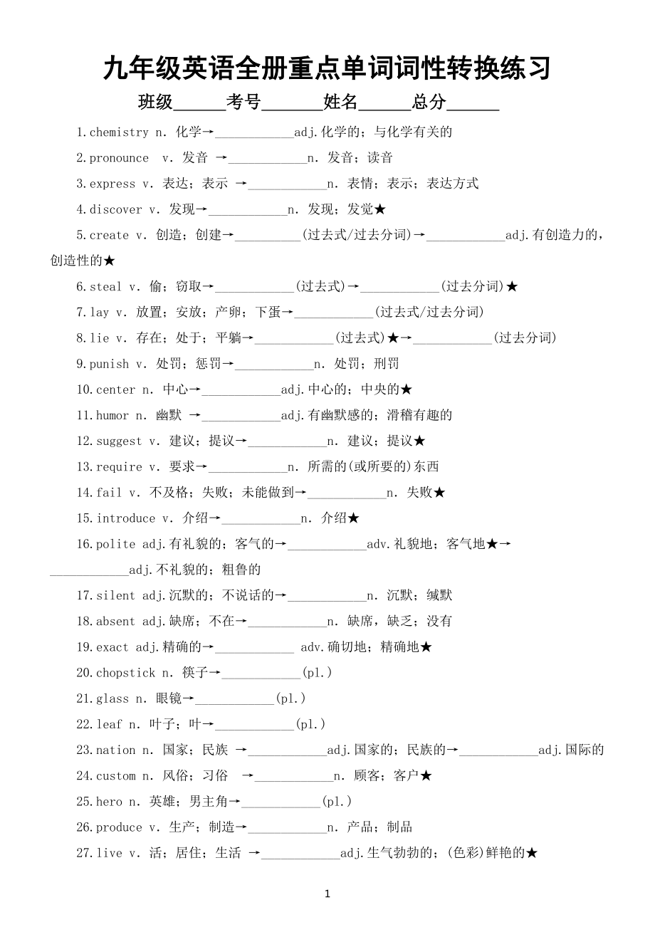 初中英语人教版九年级全册重点单词词性转换练习）（附参考答案）.docx_第1页