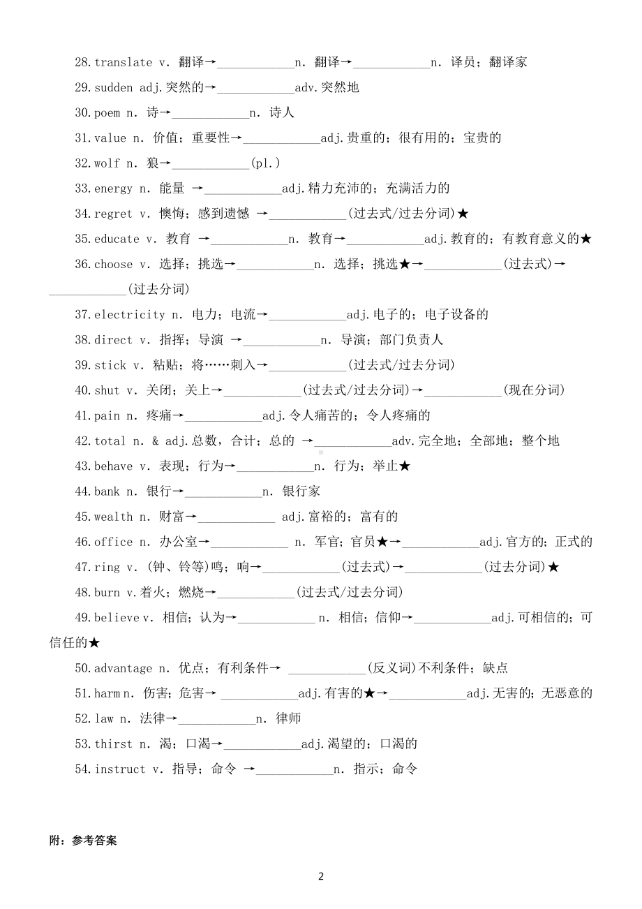 初中英语人教版九年级全册重点单词词性转换练习）（附参考答案）.docx_第2页