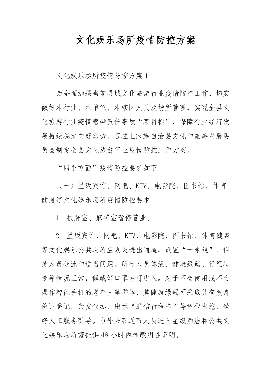 文化娱乐场所疫情防控方案.docx_第1页