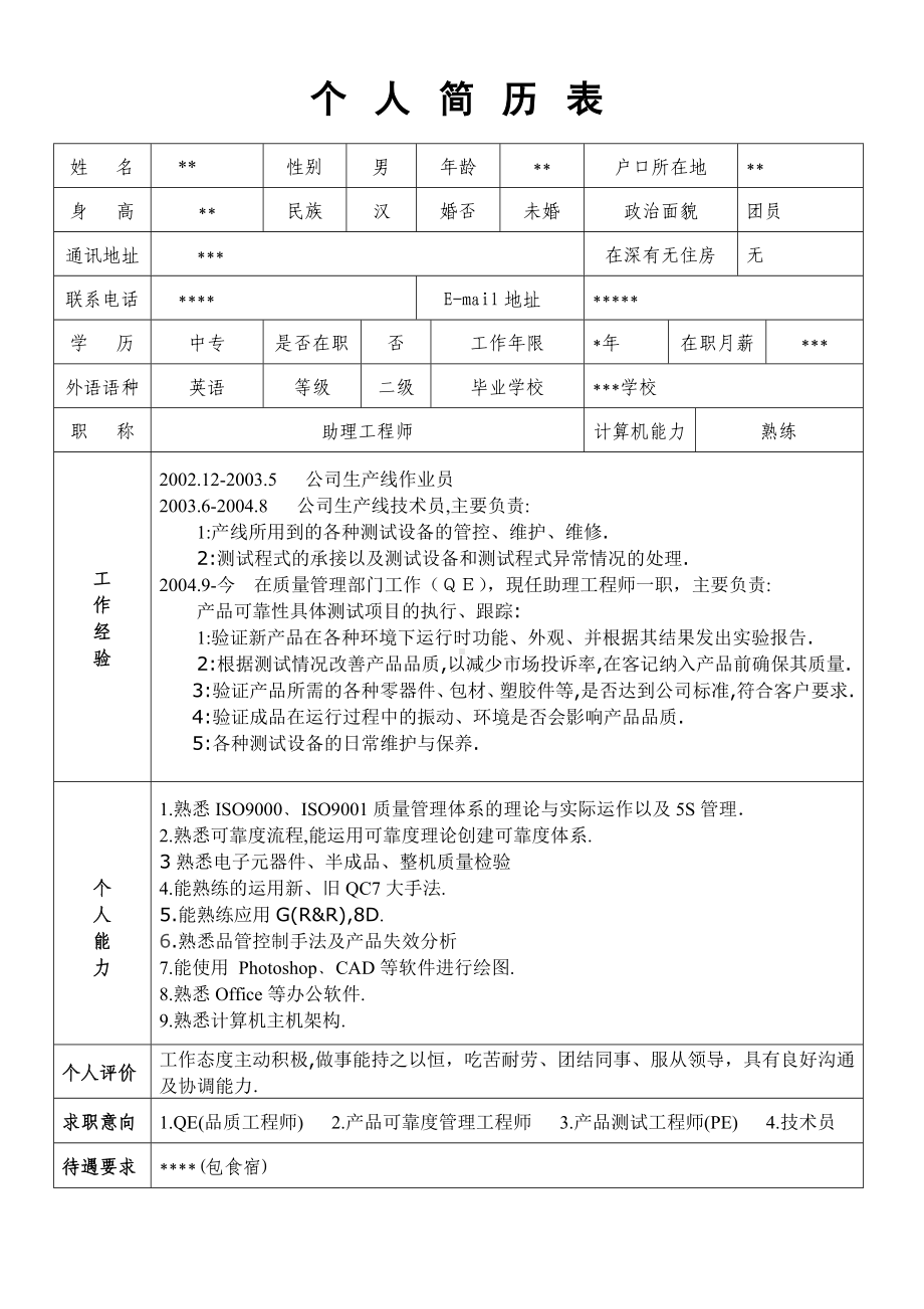 （精品简历模板）QC品质工程师求职简历模板.docx_第1页