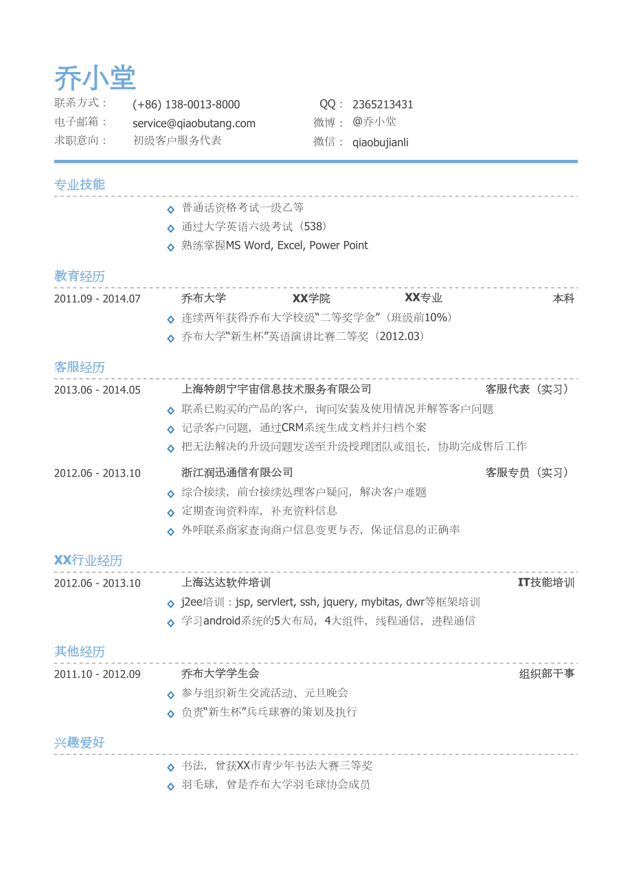 （精品简历模板）客服简历模板（有专业技能）下载.docx_第1页