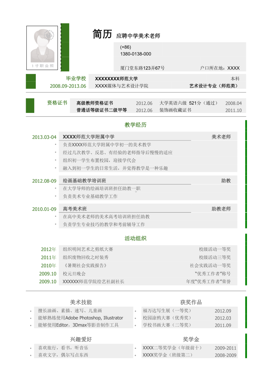 （精品简历模板）应聘中学美术老师简历模板范本.docx_第1页