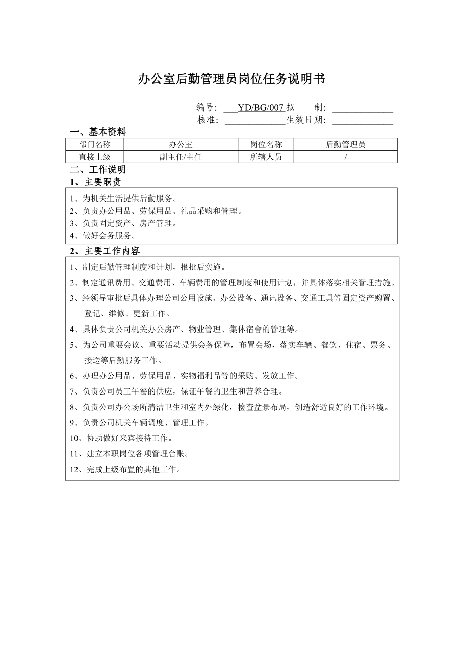 办公室后勤管理员职位说明书.docx_第1页