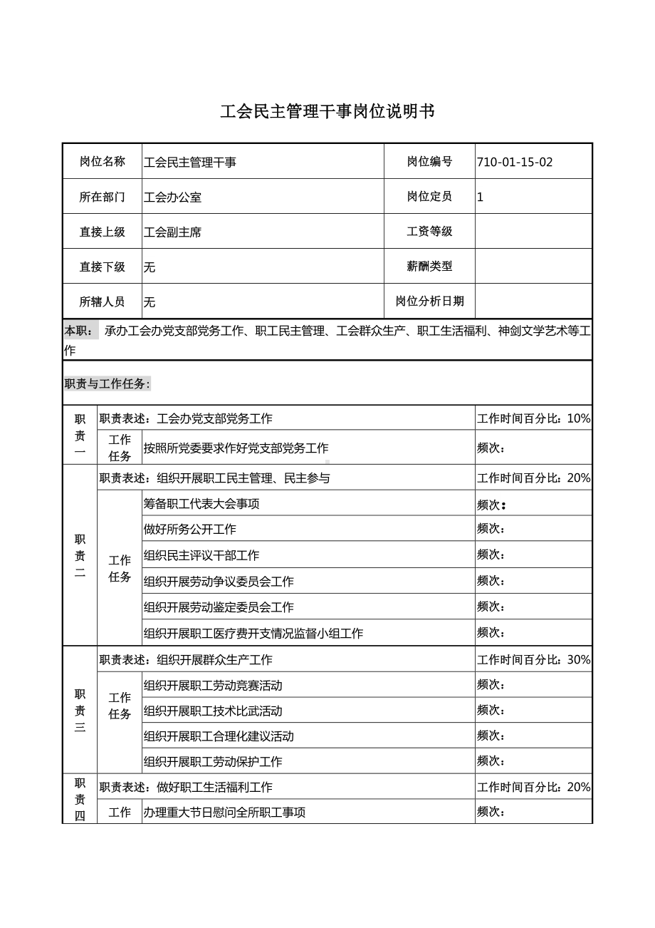 某某公司工会民主管理干事岗位说明书.docx_第1页