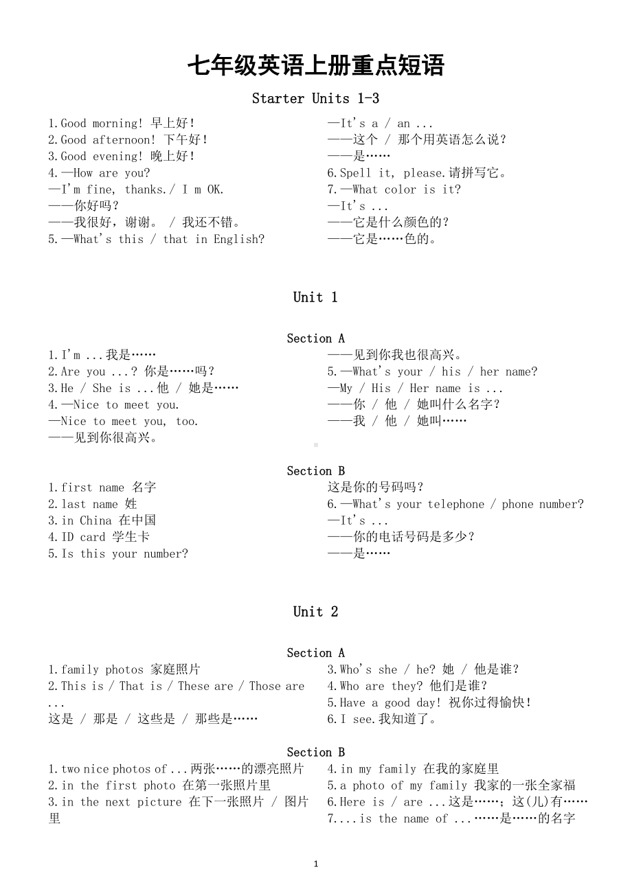 初中英语人教新目标七年级上册重点短语汇总（分单元编排）.doc_第1页