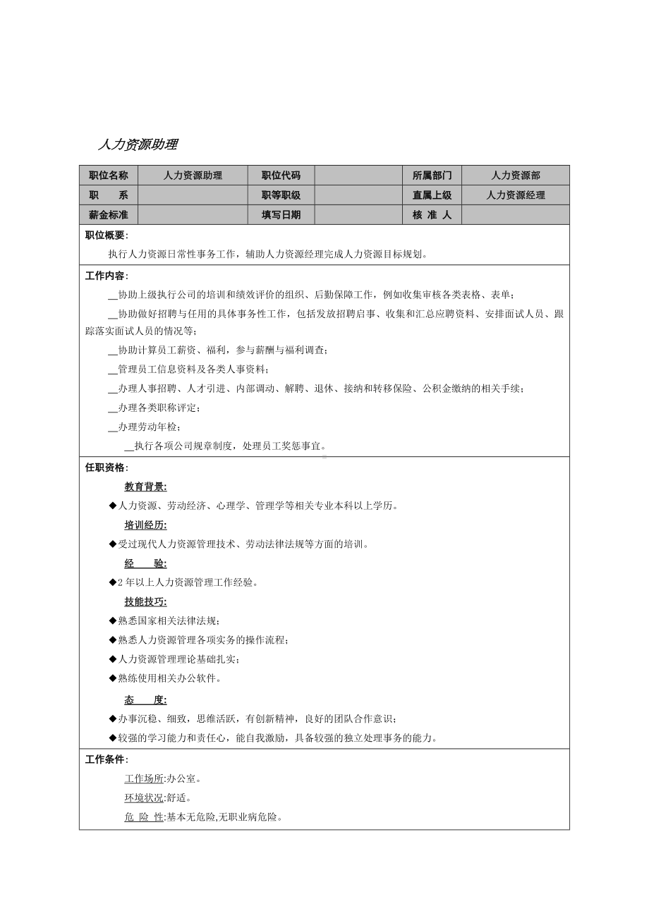 MM公司人力资源助理岗位说明书2.docx_第1页