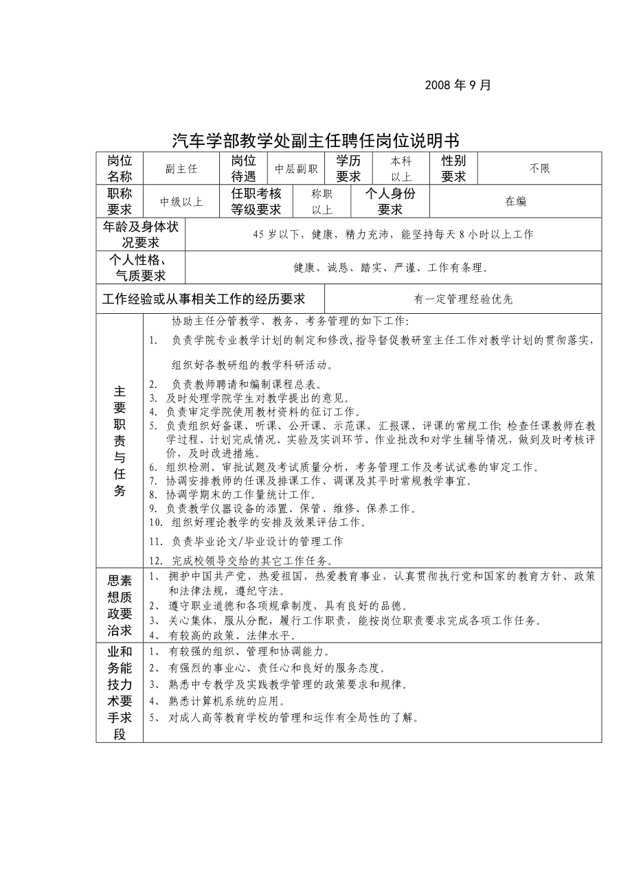 某某汽车学部教学处主任副主任聘任岗位说明书.docx_第2页