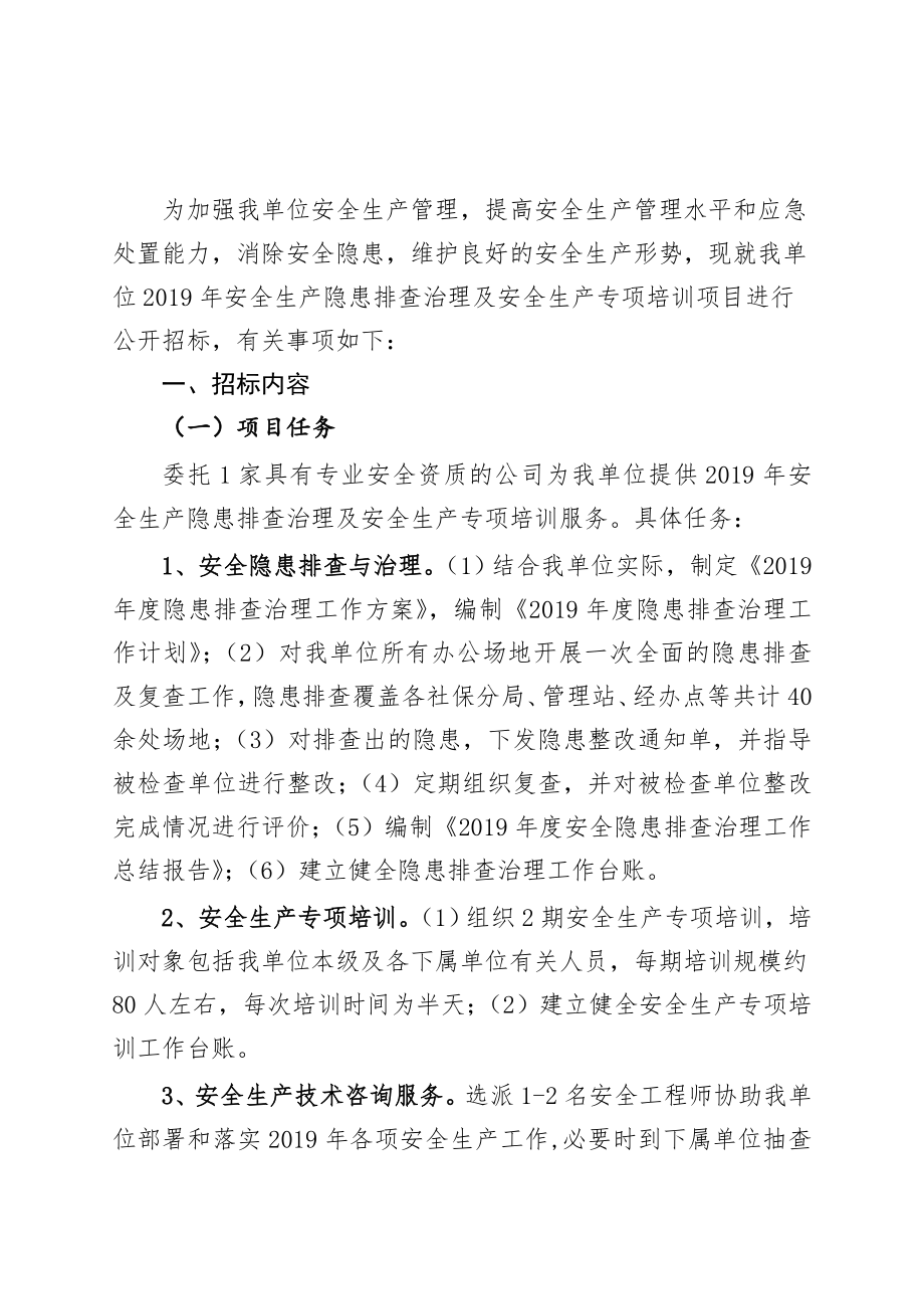 安全生产隐患排查治理及安全生产专项培训项目招标书参考模板范本.doc_第1页