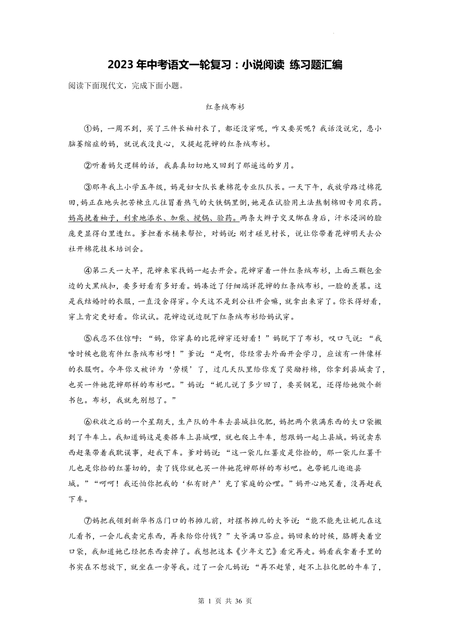 2023年中考语文一轮复习：小说阅读 练习题汇编（含答案解析）.docx_第1页