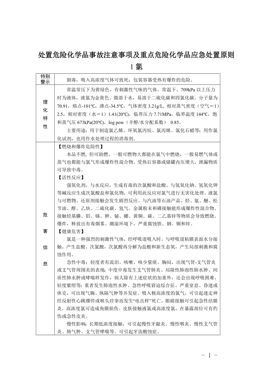 处置危险化学品事故注意事项及重点危险化学品应急处置原则参考模板范本.doc_第1页