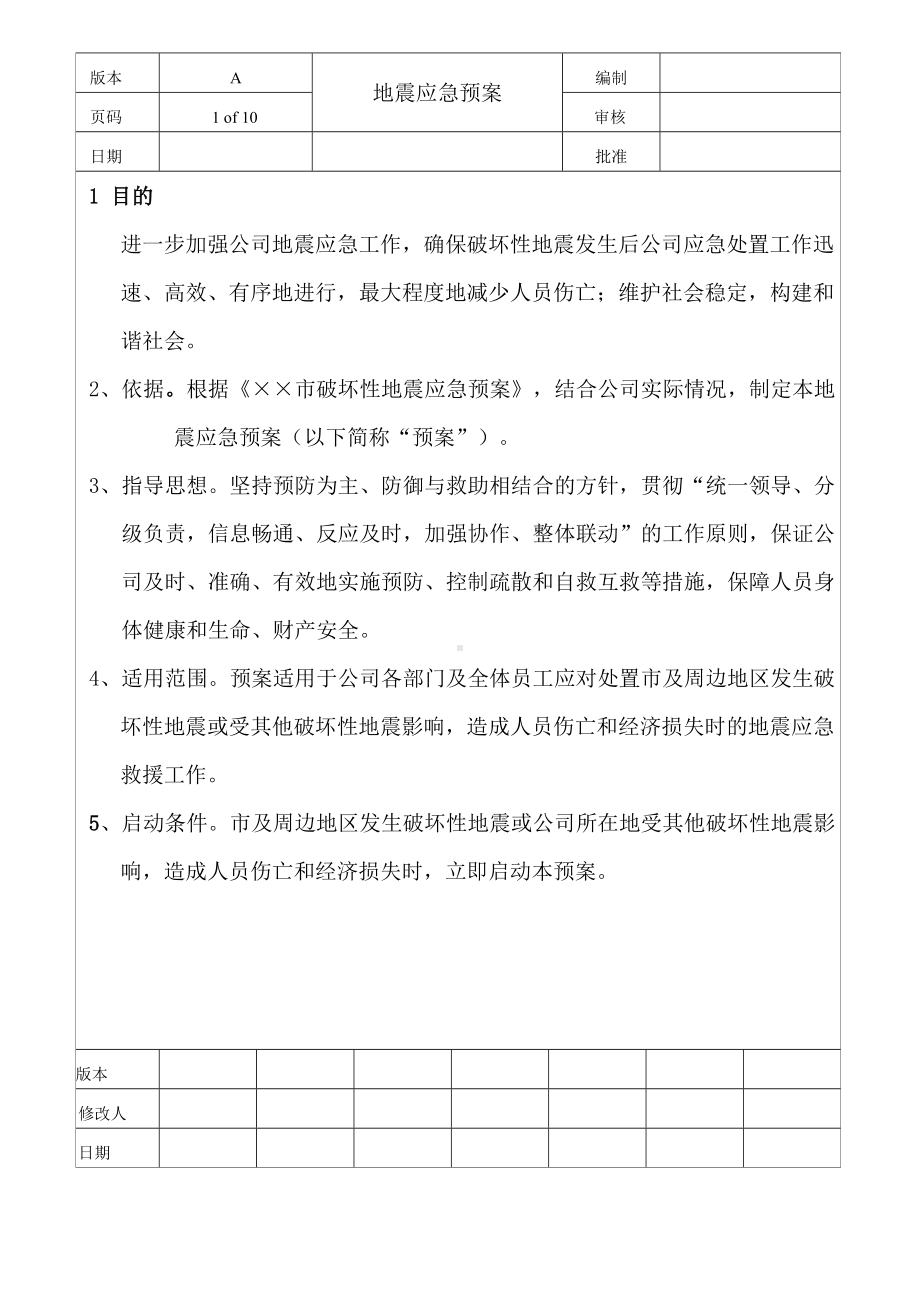 公司地震应急预案参考模板范本.doc_第1页