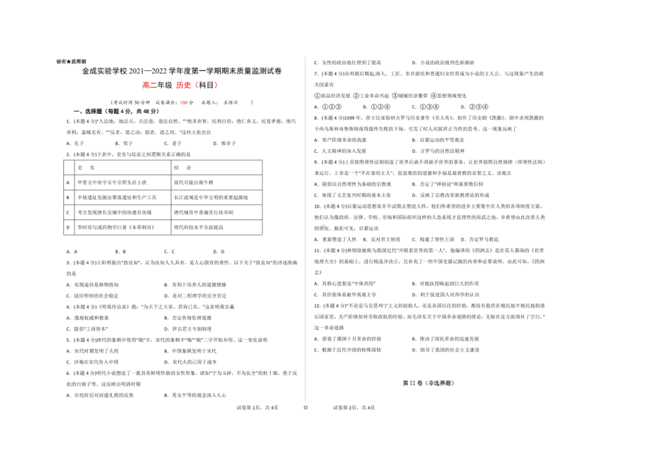 贵州省黔西南州金成实验 2021-2022学年高二上学期期末考试历史试题.pdf_第1页