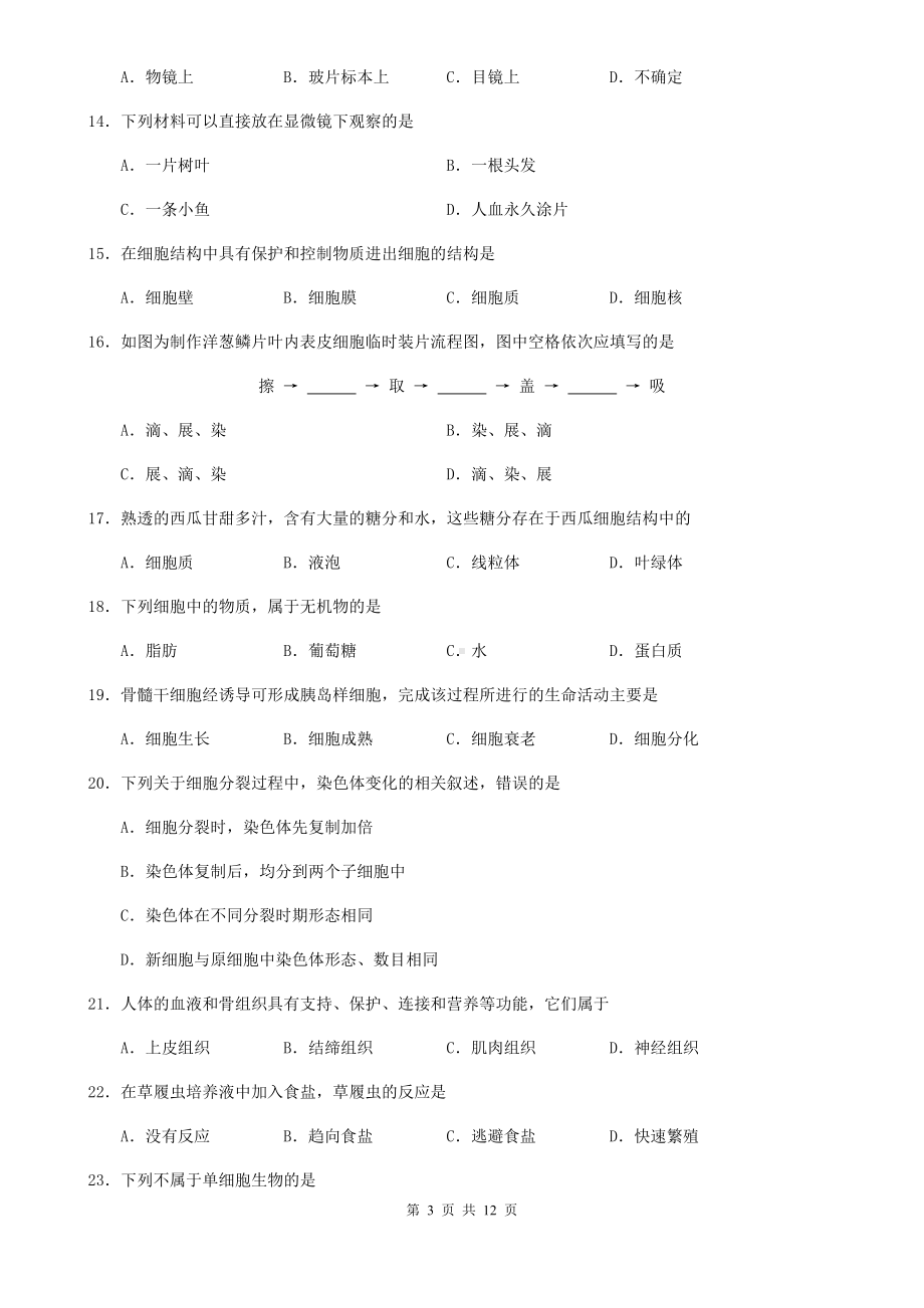 人教版七年级上册生物期末综合测试卷（Word版含答案）.docx_第3页