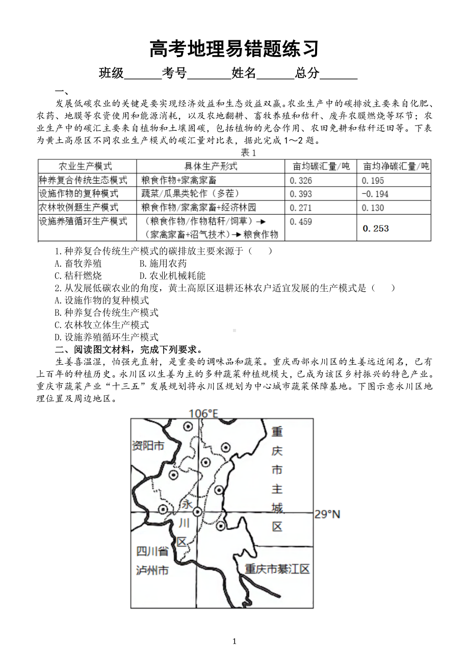 高中地理高考易错题专项练习（共七大题附参考答案和解析）.doc_第1页