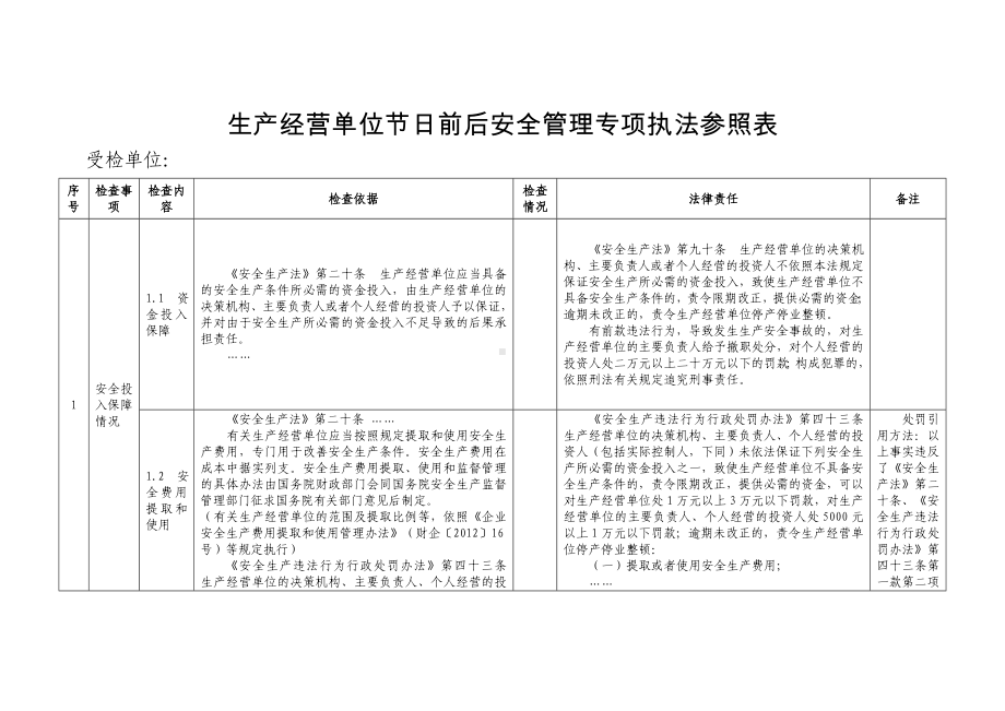 生产经营单位节日前后安全管理专项执法参照表参考模板范本.doc_第1页