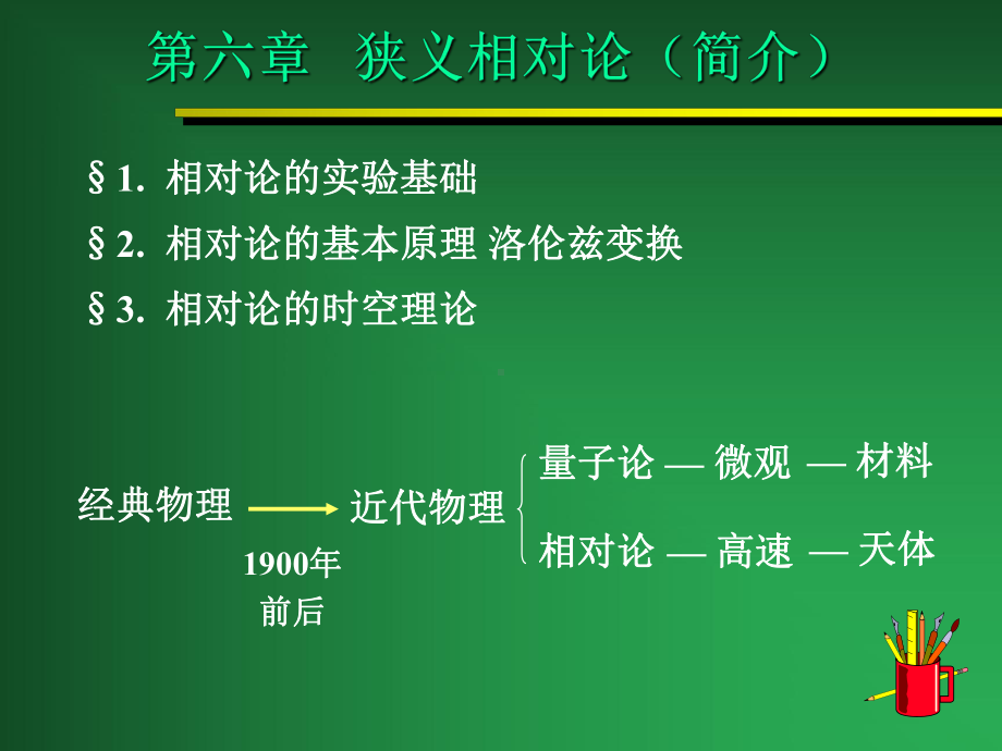 狭义相对论(简介)§1相对论的实验基础§2相对论的基本原理洛伦兹变换§3相对论的时课件.ppt_第1页