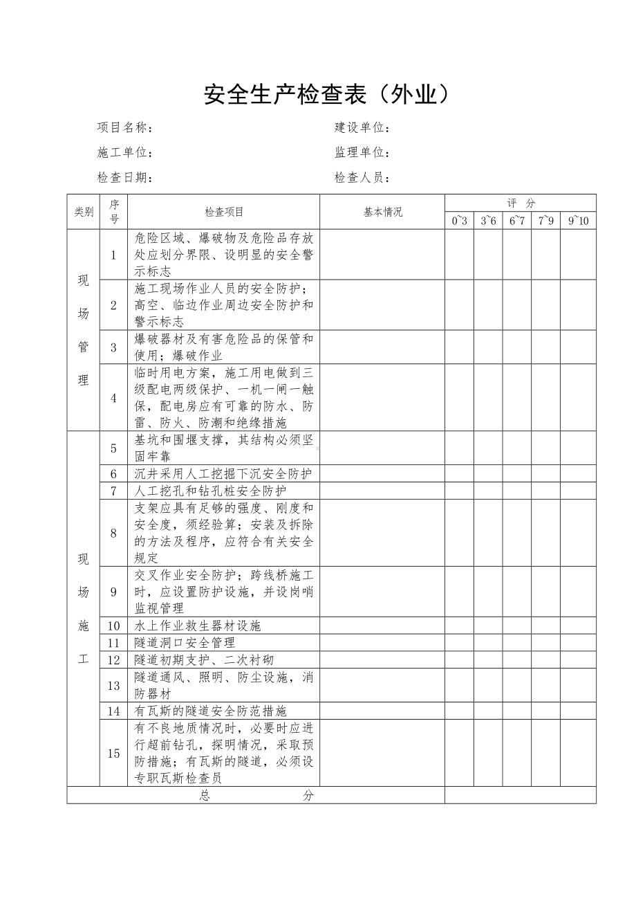 安全生产检查表（外业）参考模板范本.doc_第1页