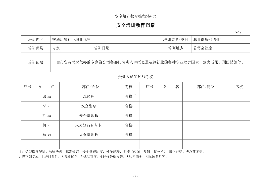 安全培训教育档案(参考)参考模板范本.doc_第1页