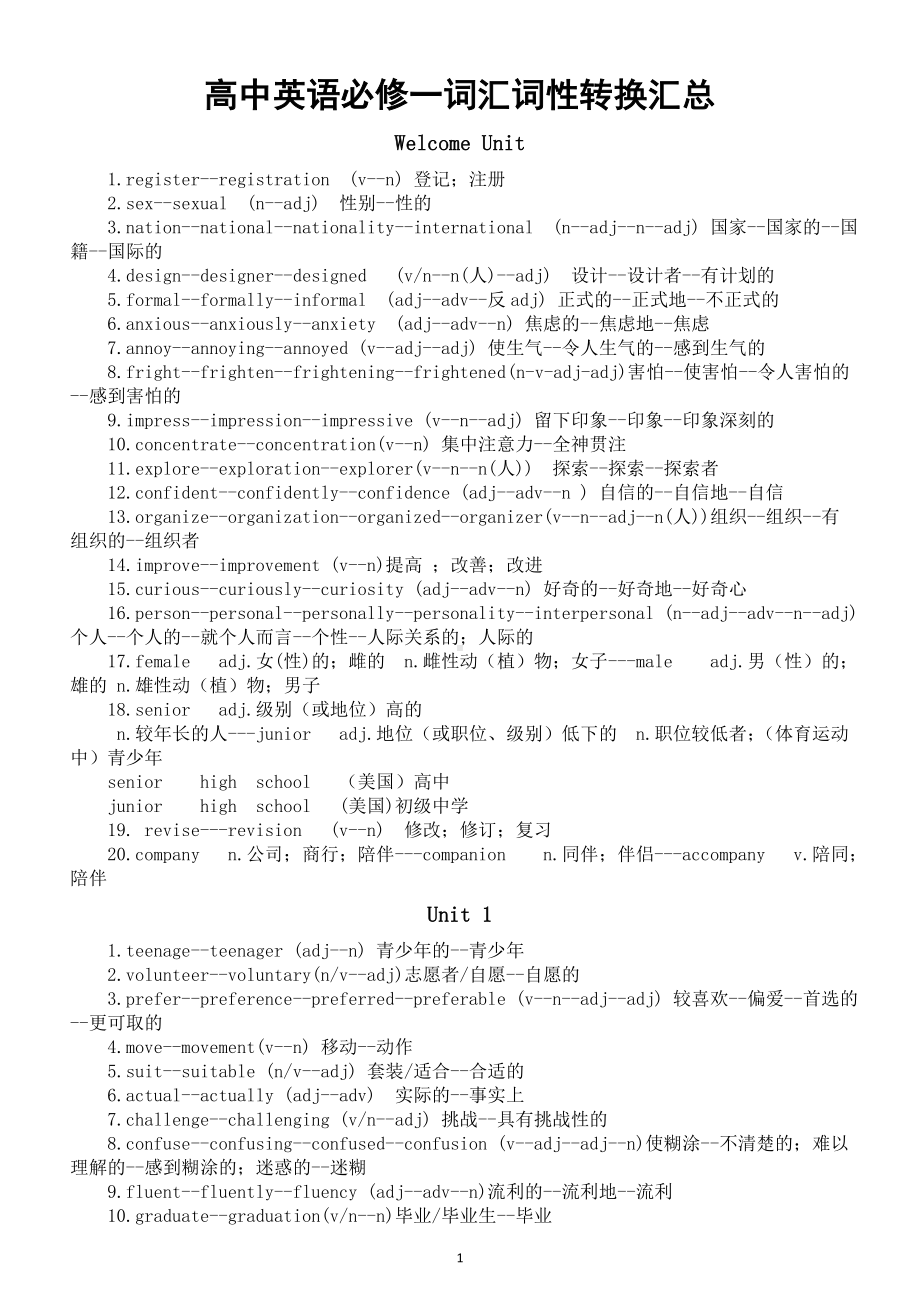 高中英语新人教版必修一词性转换汇总（分单元编排）.doc_第1页