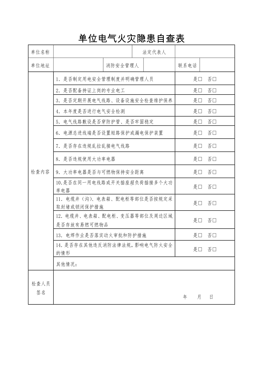 单位电气火灾隐患自查表参考模板范本.doc_第1页