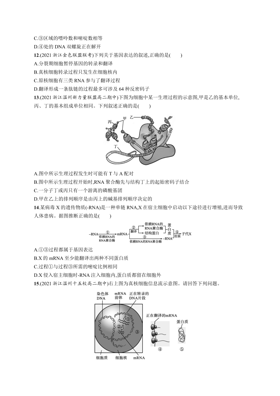 2023年高中生物学业水平考试专题练习15　基因控制蛋白质合成与表观遗传（含答案）.docx_第3页