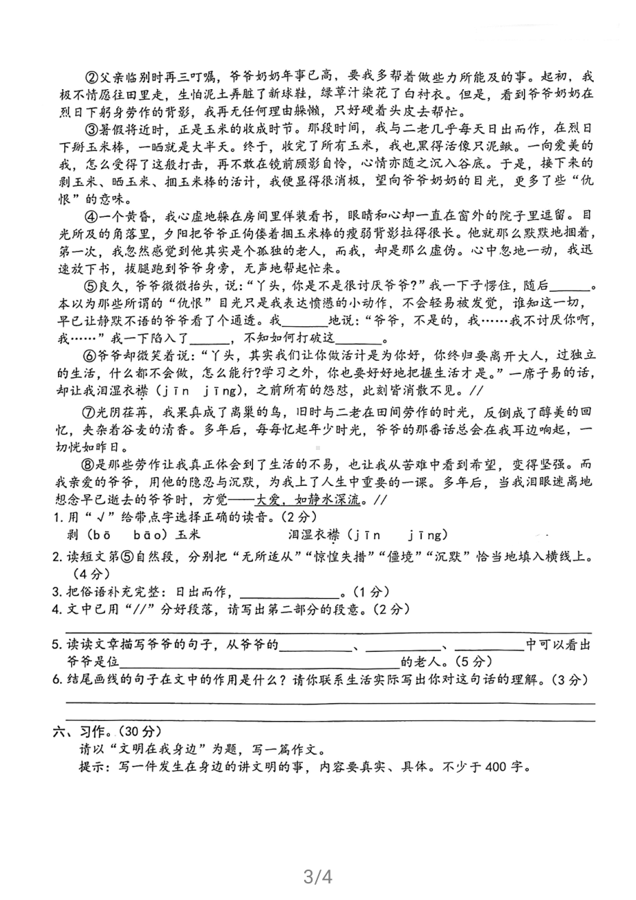 2020年江苏省盐城市景山 小升初分班语文试卷.pdf_第3页