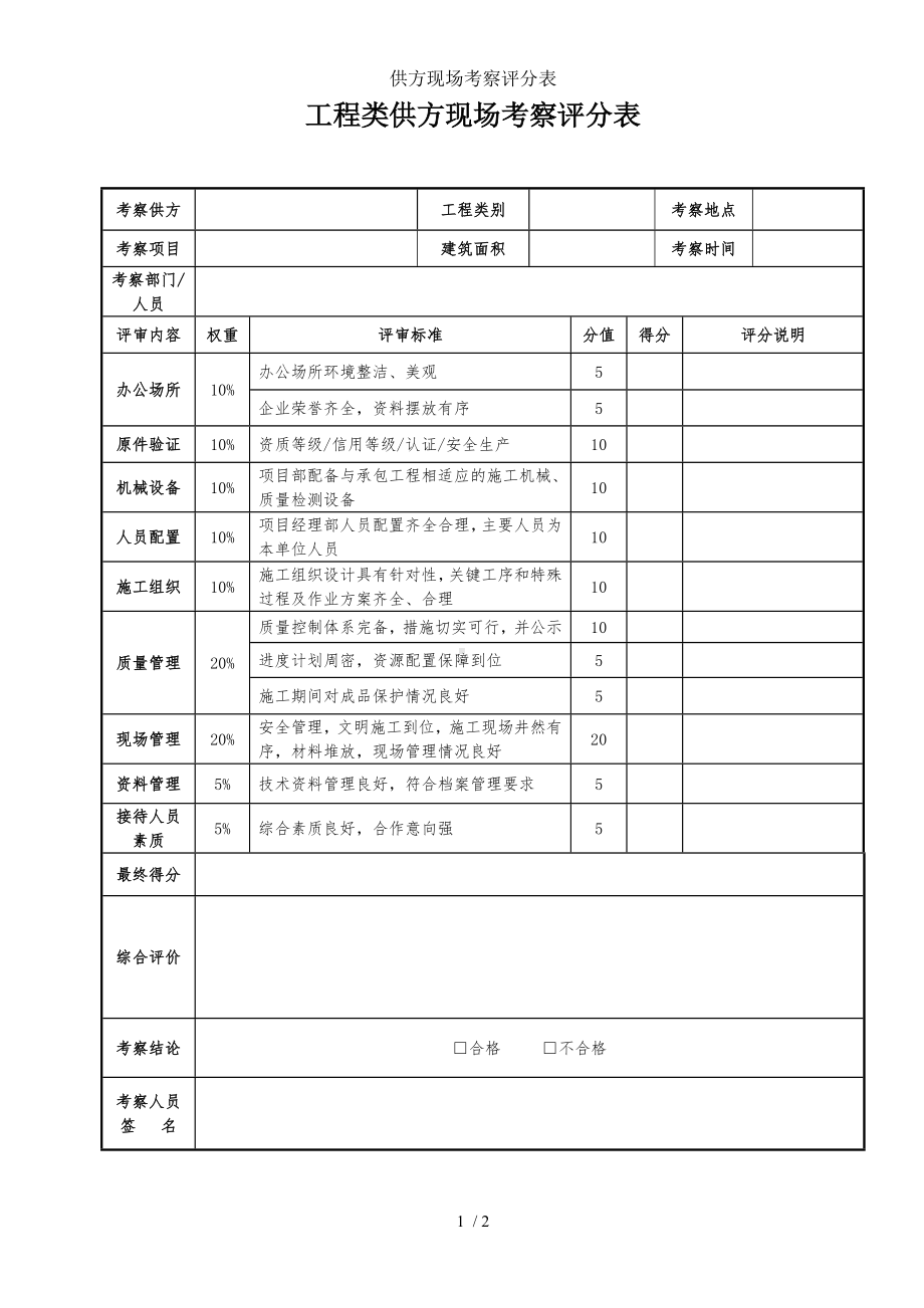 供方现场考察评分表参考模板范本.doc_第1页