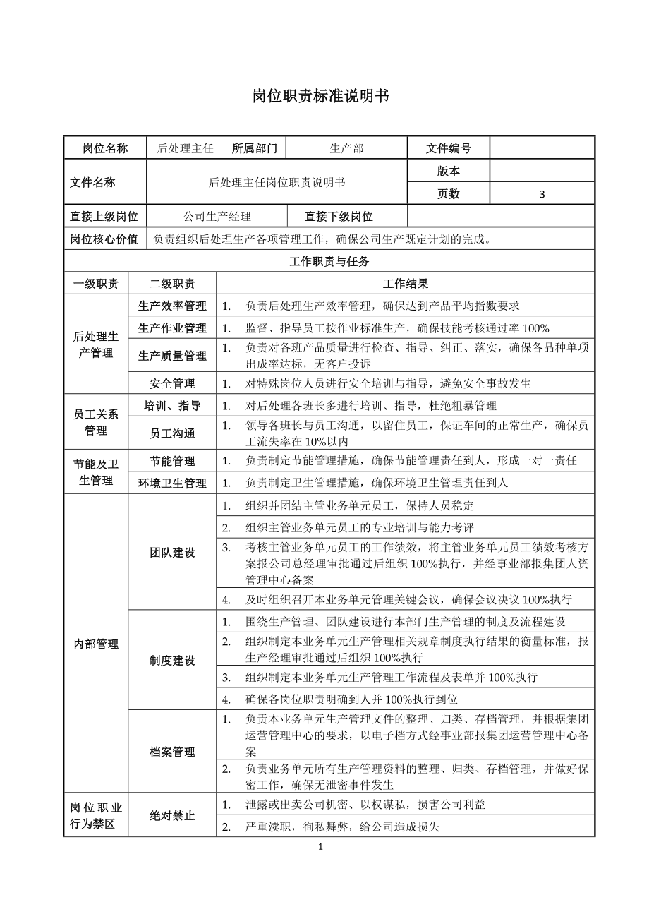 后处理主任岗位职责说明书参考模板范本.doc_第1页