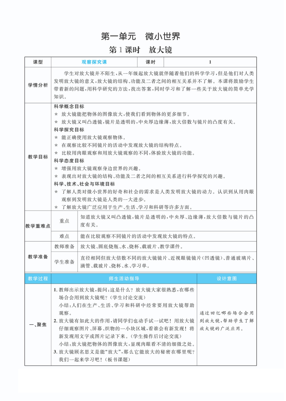 1.1放大镜教案(PDF版表格式含反思）-2022新教科版六年级上册《科学》.pdf_第1页