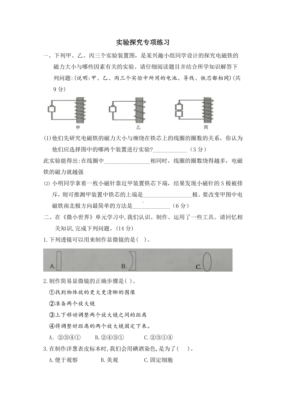 2022新教科版六年级上册《科学》实验探究专项练习（含答案）.docx_第1页