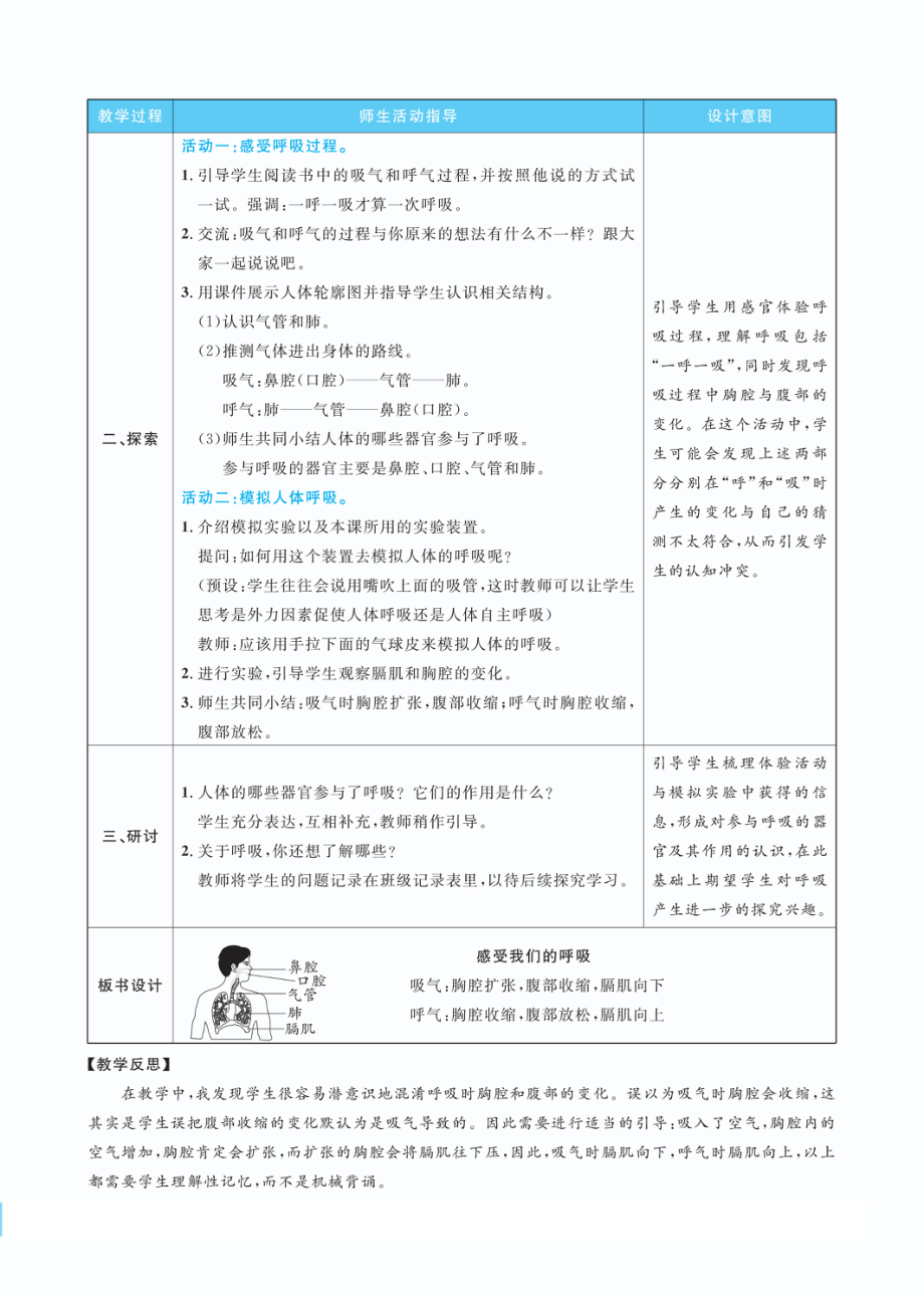 2.1感受我们的呼吸教案(PDF版表格式含反思）-2022教科版四年级上册《科学》.pdf_第2页