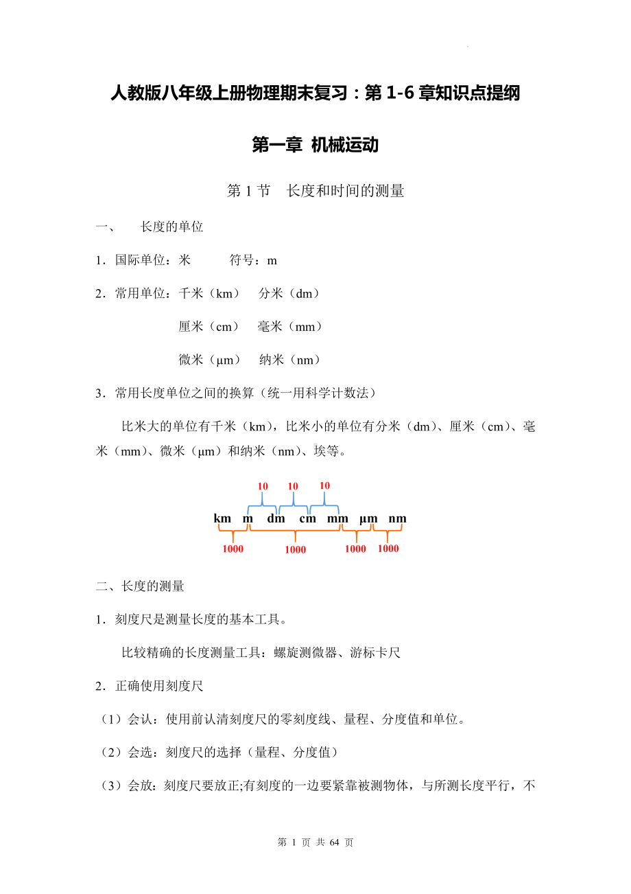 人教版八年级上册物理期末复习：第1-6章知识点提纲.docx_第1页