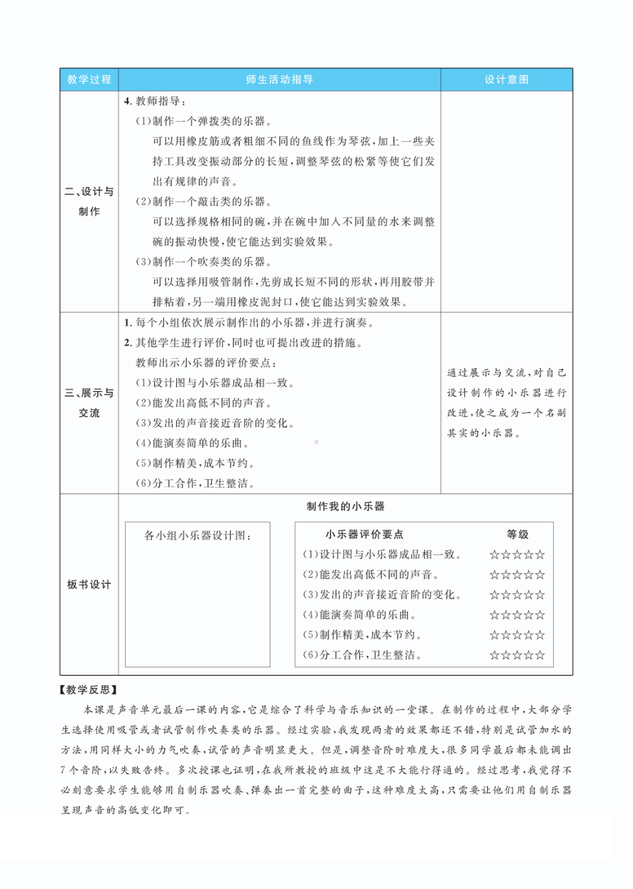 1.8制作我的小乐器教案(PDF版表格式含反思）-2022教科版四年级上册《科学》.pdf_第2页