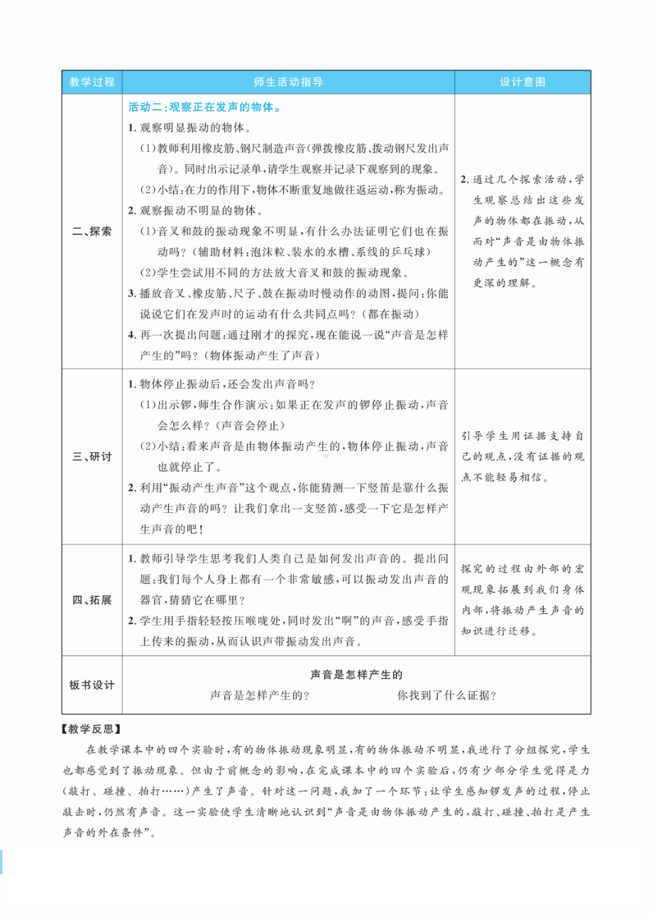 1.2声音是怎样产生的教案(PDF版表格式含反思）-2022教科版四年级上册《科学》.pdf_第2页