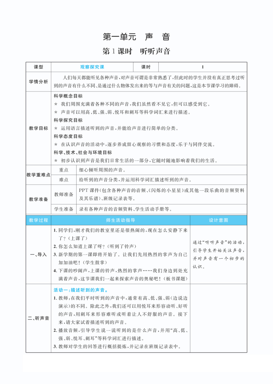 1.1听听声音教案(PDF版表格式含反思）-2022教科版四年级上册《科学》.pdf_第1页