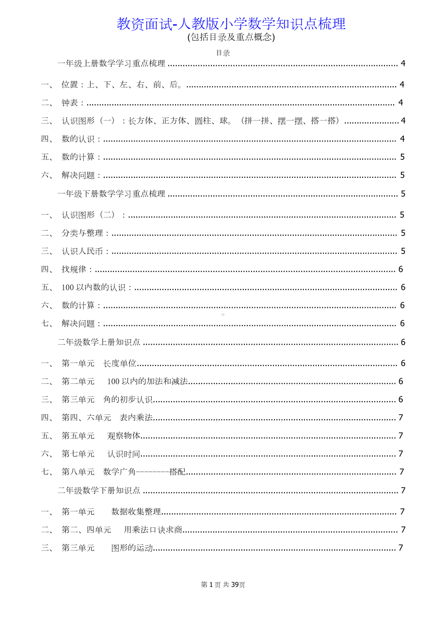 教资面试-人教版小学数学知识点梳理(包括目录及重点概念).doc_第1页