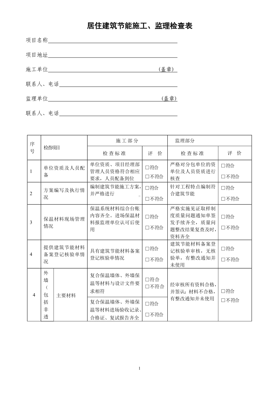 居住建筑节能施工、监理检查表参考模板范本.doc_第1页