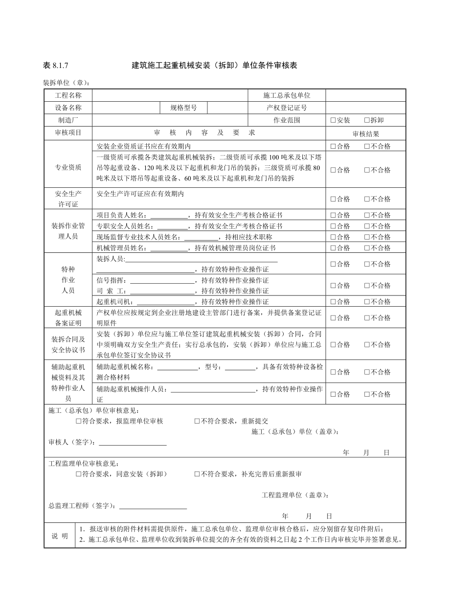 建筑施工起重机械安装（拆卸）单位条件审核表参考模板范本.doc_第1页